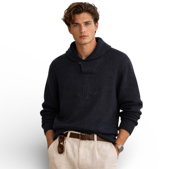 Polo Ralph Lauren Nautical Anchor Shawl Sweater L Black Preppy Old Money Linen